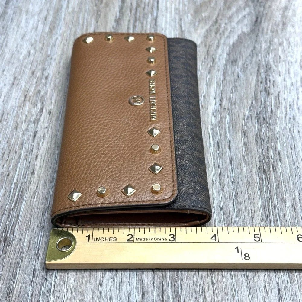 Michael Kors Karla Large Trifold Wallet Tan Studded Faux Leather Logo